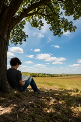 Teenager Reading Bible Beneath Summer Tree Shade