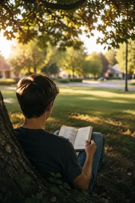 Teenager Reading Bible Under Tree Shade