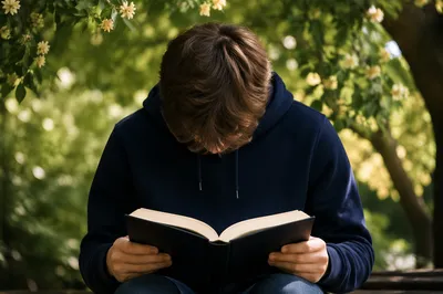 Teenager Reading Bible in Tree Shade