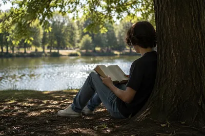 Teen Reading Bible Beneath Lakeside Tree