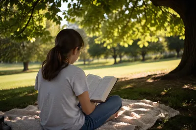 Teen Reading Bible Under Peaceful Tree Shade
