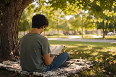 Teen Reading Bible Beneath Tree Shade