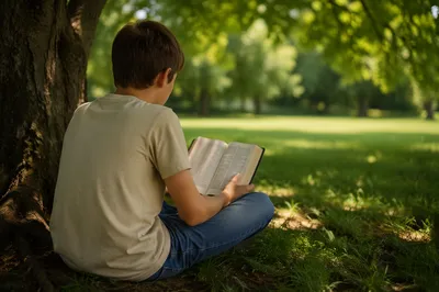 Teen Reading Bible Beneath Summer Tree