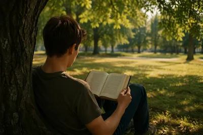 Teenager Reading Bible Beneath Tree Shade