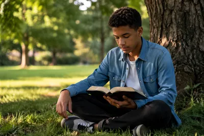 Teenage Boy Reading Bible Under Tree