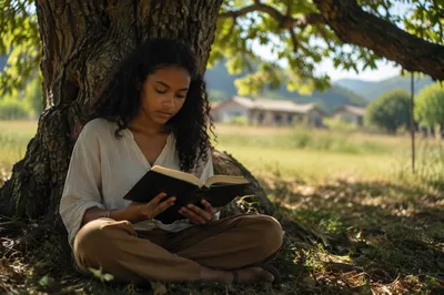 Teenage Girl Reading Bible Under Tree