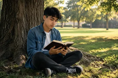 Teenage Boy Reading Under Oak Tree