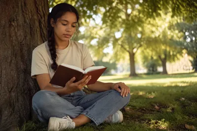 Teenage Girl Reading Bible Under Tree