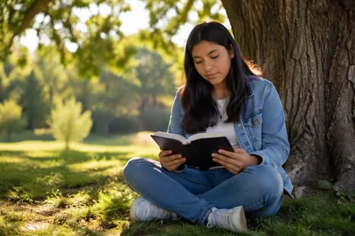 Teenage Girl Reading Bible Under Oak Tree