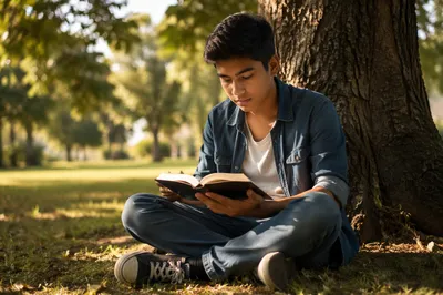 Teenage Boy Reading Under Oak Tree