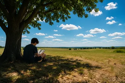 Teen Reading Bible Beneath Summer Tree