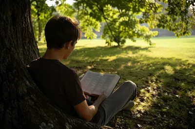 Teen Reading Bible Beneath Shaded Tree