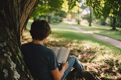Teen Reading Bible Under Tree Shade