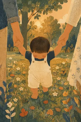 Toddler First Steps with Parents in Park