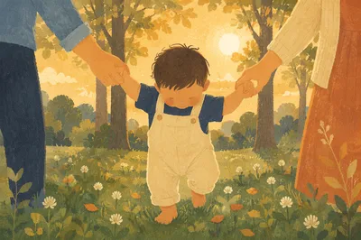 Toddler First Steps with Parents in Park