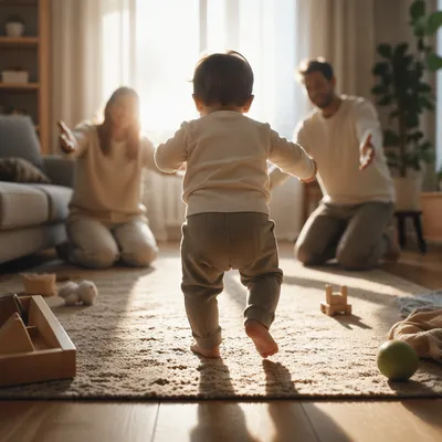 Toddler First Steps in Sunlit Living Room
