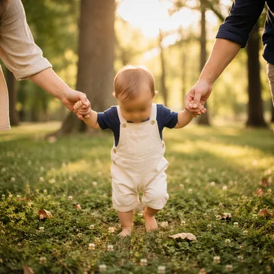 Toddler First Steps with Parents in Park