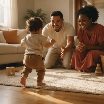 Toddler First Steps Toward Smiling Parents