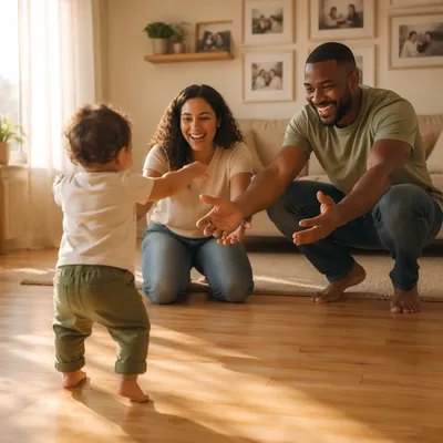 Toddler Taking First Steps to Parents