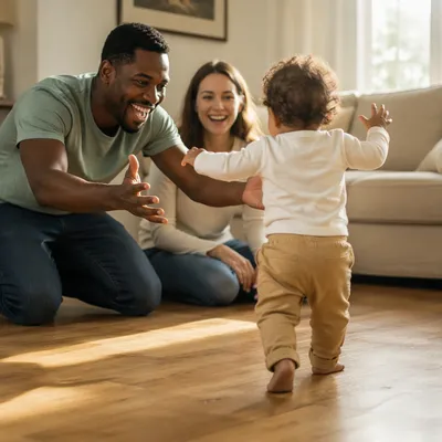 Toddler Taking First Steps to Parents