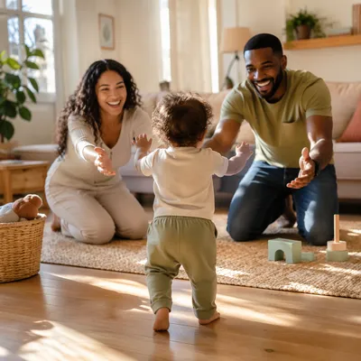 Toddler Taking First Steps to Parents