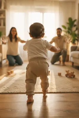 Toddler First Steps in Sunlit Living Room