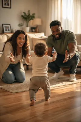 Toddler Taking First Steps to Parents