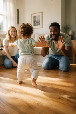 Toddler Taking First Steps to Parents