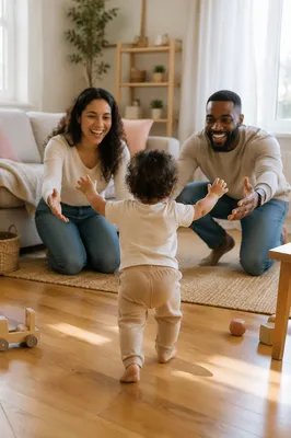 Toddler Taking First Steps to Parents