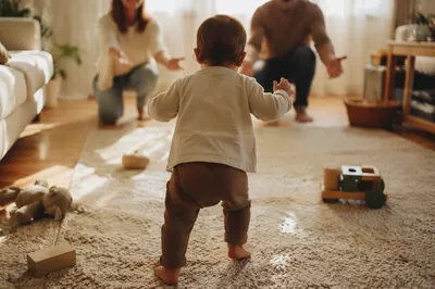 Toddler Taking First Steps at Home