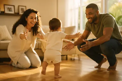 Toddler Taking First Steps to Parents