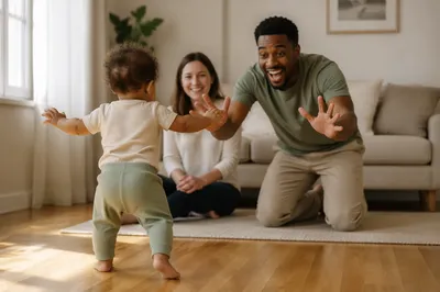 Toddler Taking First Steps to Parents
