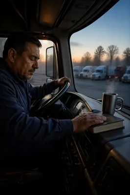 Truck Driver Praying in Morning Cab