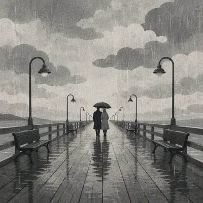 Kindness Under One Umbrella on Rainy Pier