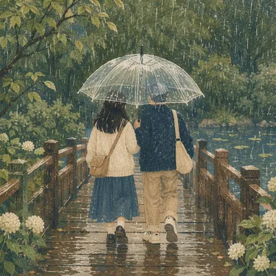 Kindness Under Umbrella on Rainy Footbridge