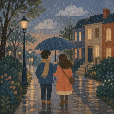 Kindness Under One Umbrella at Dusk