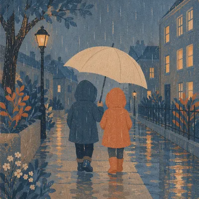 Kindness Under One Umbrella in Evening Rain