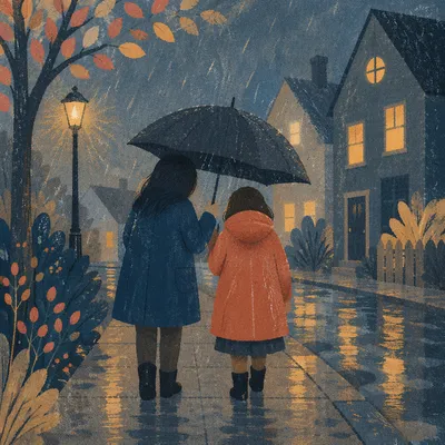 Kindness Under Umbrella in Evening Rain