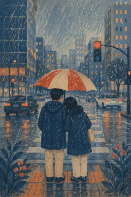 Shared Umbrella Kindness on Rainy City Street