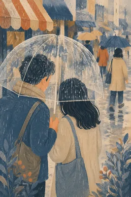 Two People Sharing Umbrella in Rain