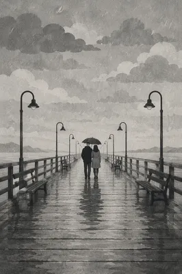 Shared Umbrella on a Rainy Seaside Pier