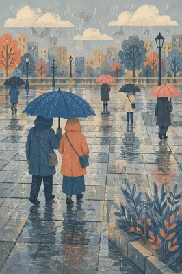 Kindness Under a Blue Umbrella in Rain