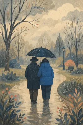 Shared Umbrella on a Rainy Park Path