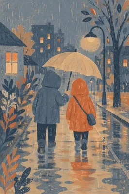 Shared Umbrella Kindness on Rainy Evening