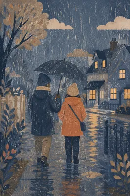 Kindness Under Umbrella in Evening Rain