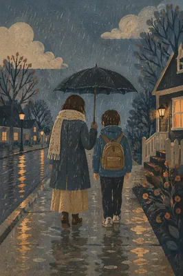 Shared Umbrella Kindness on Rainy Evening
