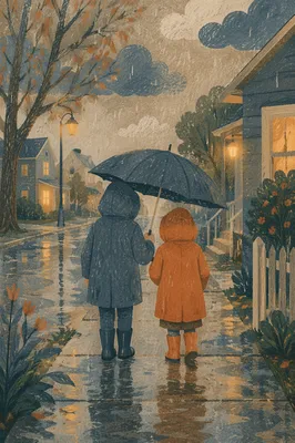 Two Neighbors Sharing Umbrella in Gentle Rain