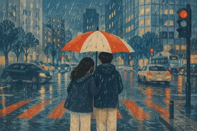 Kindness Under Umbrella in Rainy City