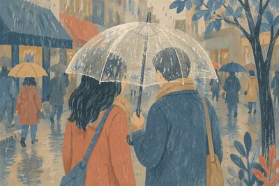 Shared Umbrella Kindness on Rainy Sidewalk