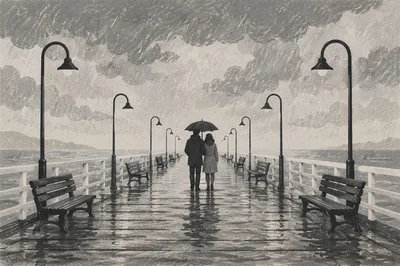Kindness Under Umbrella on Rainy Pier